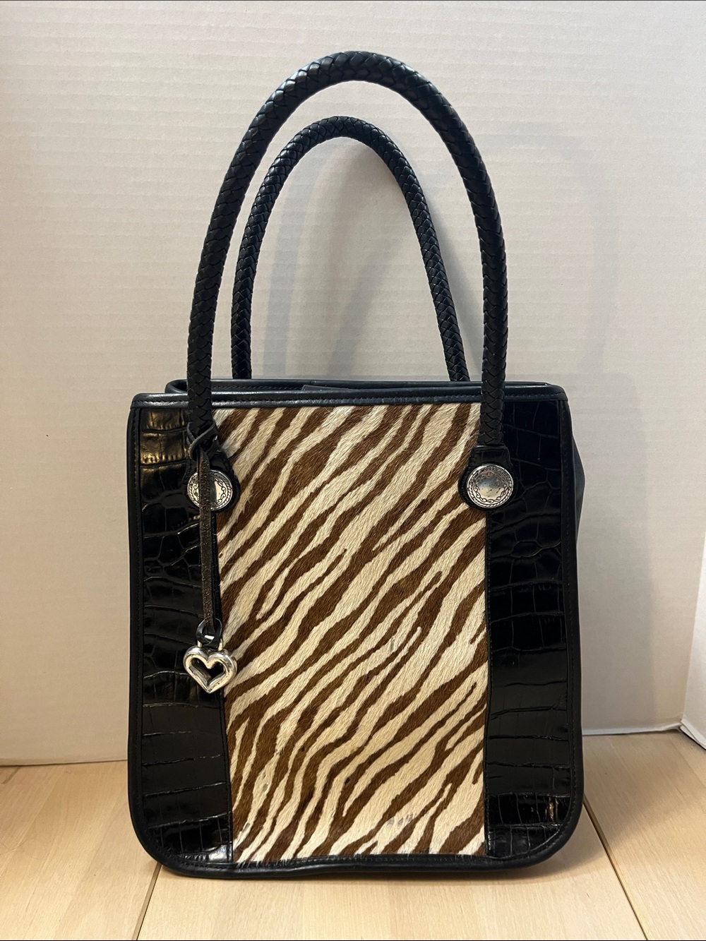 Vintage Brighton Zebra Print Fur & Crocodile Embossed Leather Top Handle Bag